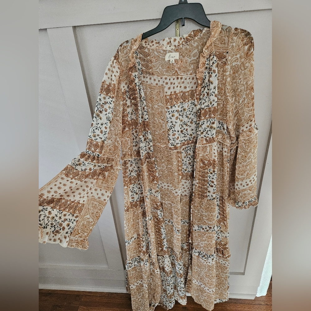 Free People Floral Patchwork Kimono in Brown and Cream